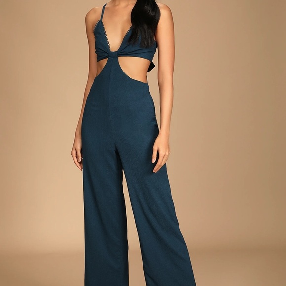 Lulus Teal Tie-Back Wide-Leg Jumpsuit Women’s Size L Cutout Sleeveless - Picture 1 of 8